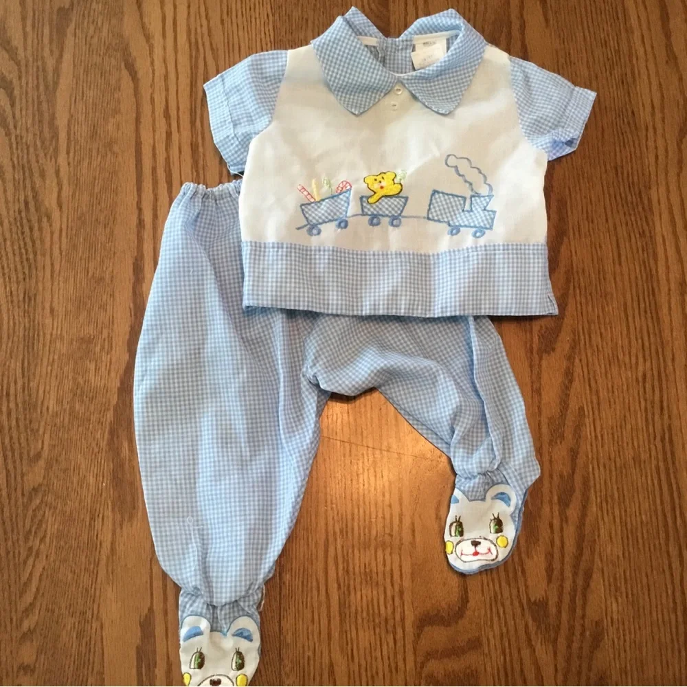 Vintage Blue Gingham Baby Boy Two Piece Set, size 3-6 months.
